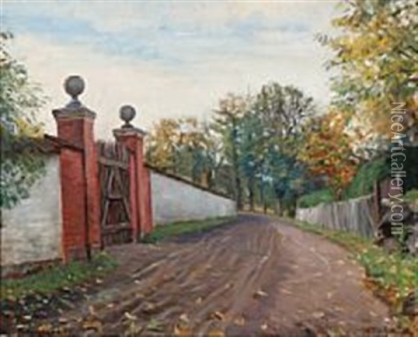 A Road With A Red Limed Entrance Oil Painting - Albert Gottschalk