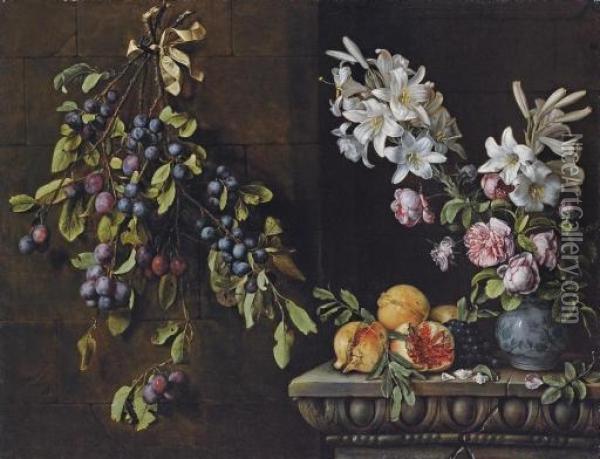 Branches Of Plums Tied With A Ribbon And Suspended From A Nail, With Lilies And Roses In A Blue And White Porcelain Vase, On A Sculpted Ledge With Pomegranates And Grapes Oil Painting - Pierre Dupuis