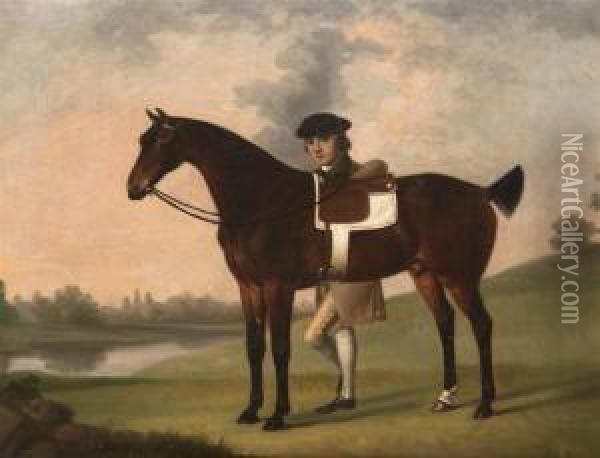Chestnut Bay With Groom Standing Astride Oil Painting - Francis Stringer