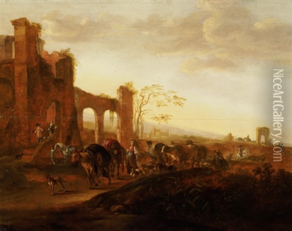 Abendliche Sudliche Landschaft Mit Ruinen, Hirten Und Herde Oil Painting - Peter Von Bemmel