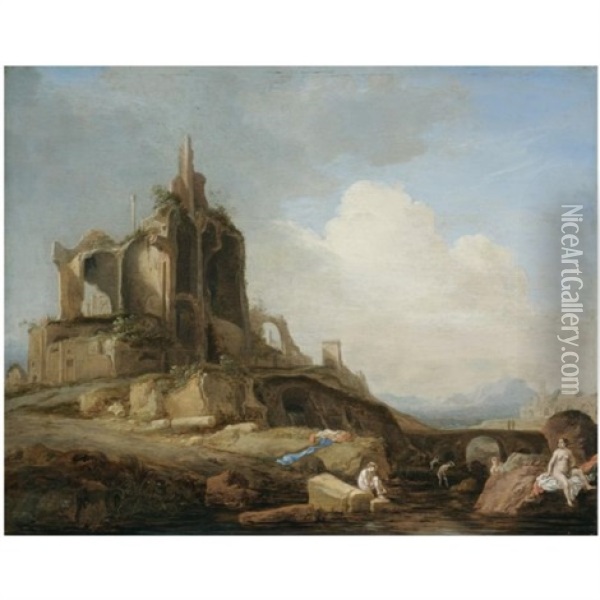 An Italianate Landscape With Nymphs Bathing In The Foreground And Classical Ruins Beyond Oil Painting - Bartholomeus Breenbergh