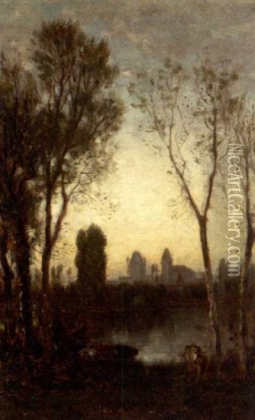 View Of A Lake With Church In The Distance Oil Painting - Samuel Colman