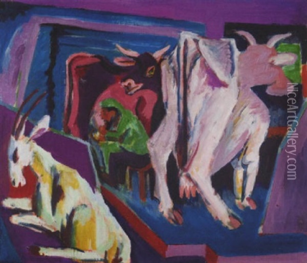 Kuhstall; Alpbauer Beim Melken Oil Painting - Ernst Ludwig Kirchner