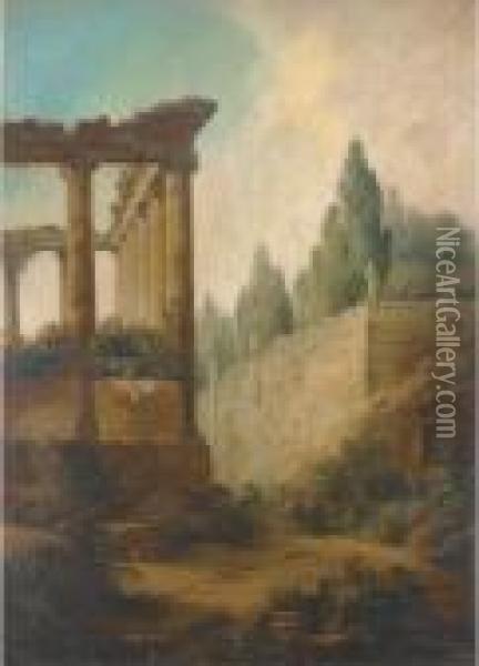A Capriccio Of The Roman Forum And The Farnese Gardens Oil Painting - Hubert Robert