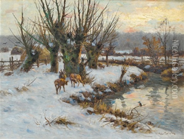 Rehe Am Bach Oil Painting - Hermann Hartwich