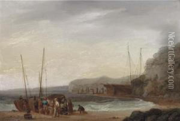 Beach Scene With Boats And Figures Oil Painting - William Anderson