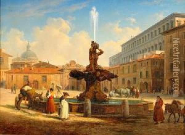 Vue Af Piazza Barberini I Rom Oil Painting - Gustaf-Wilhelm Palm