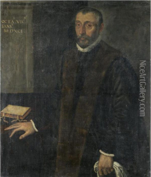 Portrait Of A Gentleman, Three-quarter Length, Wearing An Ermine-lined Jacket Oil Painting - Leandro Bassano