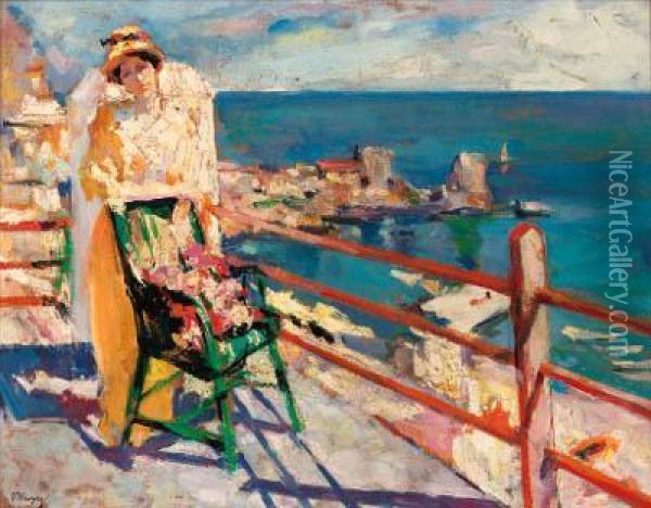 A Girl On A Terrace Overlooking The Sea Oil Painting - Petr Alexandrovich Nilus