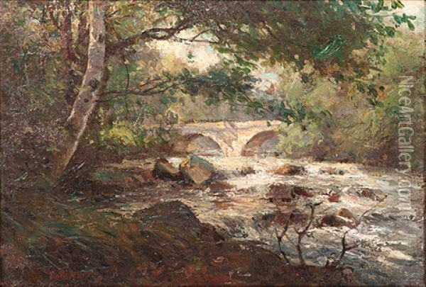 Wooded Scene With Stream And Bridge Oil Painting - Hal Robinson