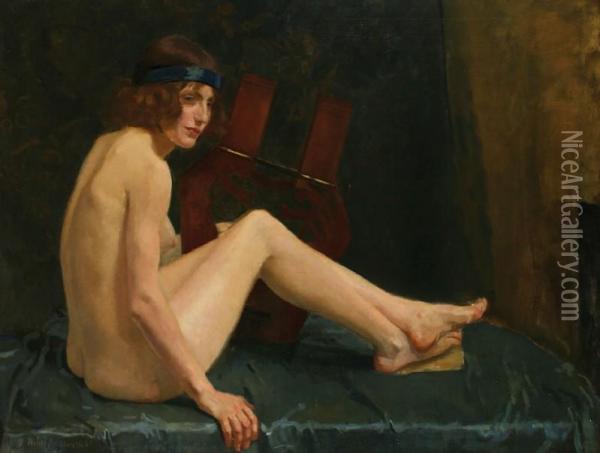 Sitting Nakedfemale With Lyre Oil Painting - Johan Henri Braakensiek