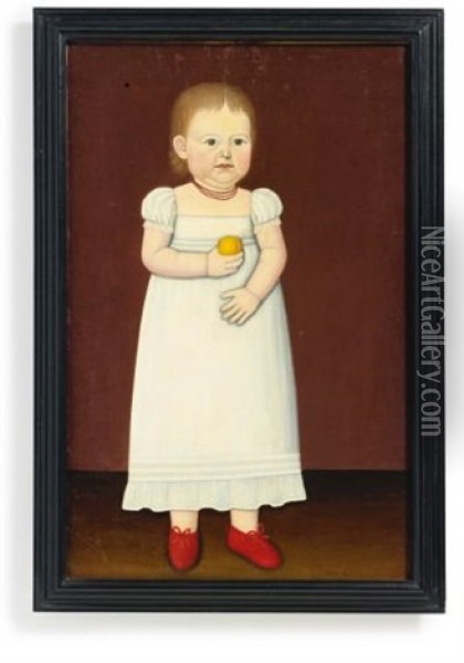Full Length Portrait Of A Young Child In Red Shoes, White Dress And Holding A Peach Oil Painting - John Brewster Jr.