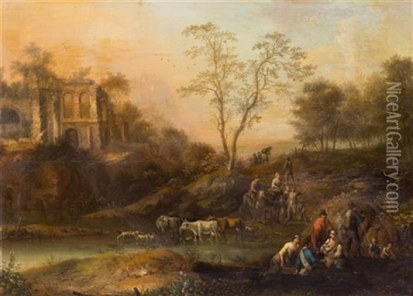 Figures And Animals Before Ruins (a Pair Of Works) Oil Painting - Johann Christian Vollerdt
