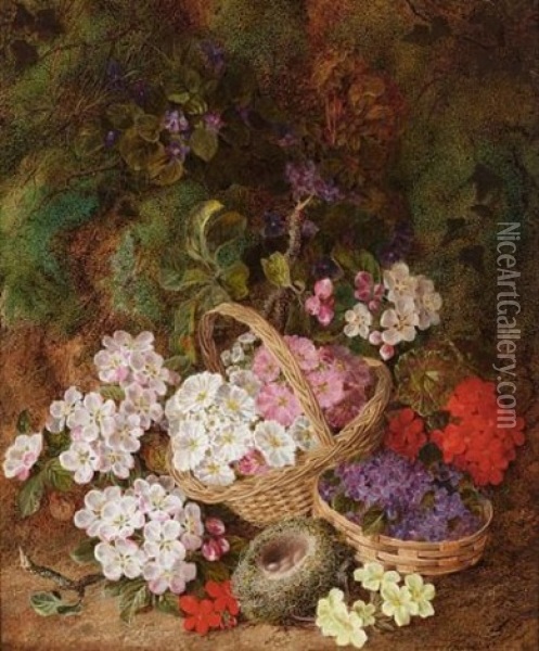 Geraniums, Primulas, Violets, Blossom And Bird's Nest On A Mossy Bank Oil Painting - George Clare
