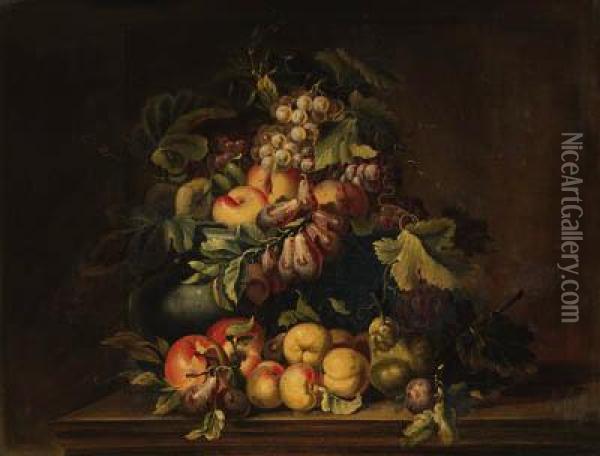 Peaches, Plums, Grapes, Pears 
And Limes In An Urn With Other Fruiton A Ledge; And Peaches, Plums And 
Grapes In An Urn With Apples Andother Fruit On A Ledge Oil Painting - Giovanni Paolo Castelli Spadino