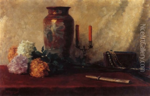 Stilleben Mit Japanischem Kurzschwert, Porzellanvase Und Chrysanthemen Oil Painting - Wilhelm Wunderwald