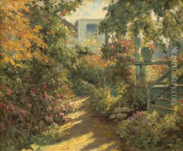 A Sunny Garden Oil Painting - William C. Adam