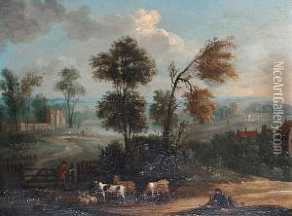 Cowherds At A Gate Oil Painting - Peter Tillemans