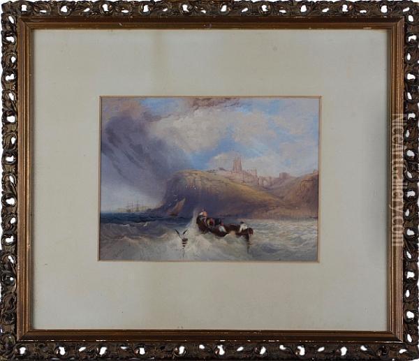 Boat In Choppy Seas By A Cliff Face Oil Painting - Charles Bentley
