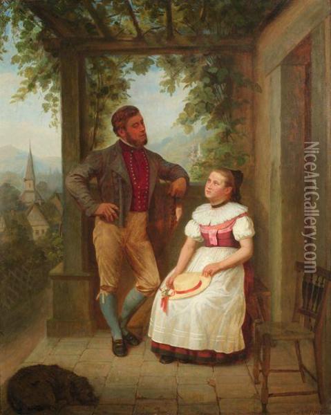 Junges Paar In Tracht Unter Einer Belaubten Pergola Oil Painting - Albert Kappis