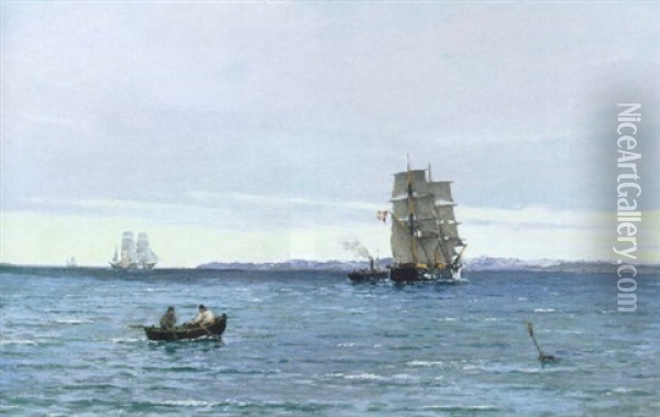 Marine, Skibe Pa Havet Udfor Sneklaedt Kyst Oil Painting - Carl Ludvig Thilson Locher
