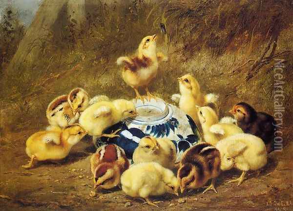 Chicks and Delft Bowl Oil Painting - Arthur Fitzwilliam Tait