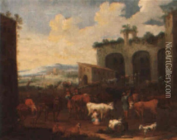 Landscape With Herders Resting Their Animals Beside Buildings Oil Painting - Peeter van Bredael
