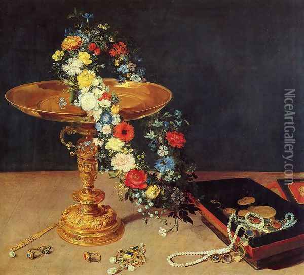Still-Life with Garland of Flowers and Golden Tazza 1618 Oil Painting - Jan The Elder Brueghel