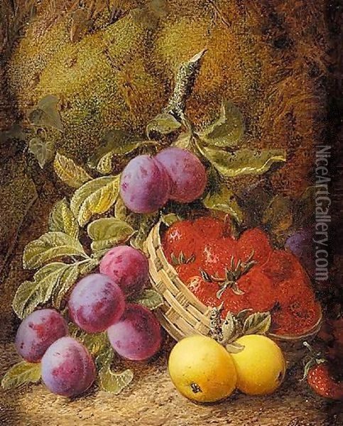 Still Life Of Apples, Plums And Strawberries In Basket Oil Painting - George Clare