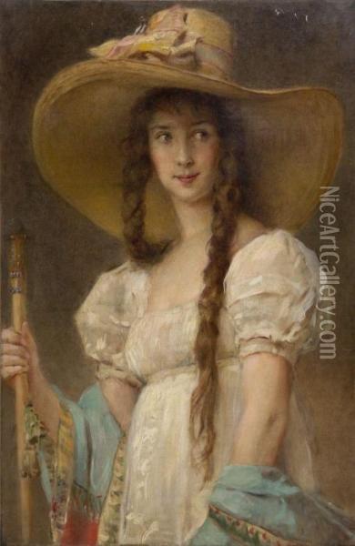 Woman In White With Hat Oil Painting - Konstantin Egorovich Makovsky