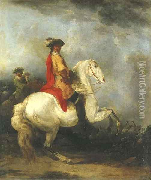 A cavalier in a yellow coat with a red cloak and plumed hat on a grey, a cavalry troop beyond Oil Painting - Francesco Giuseppe Casanova