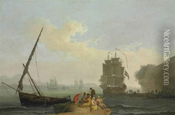 A Mediterranean Bay With Figures Unloading A Man-o-war, Figures Playing Cards In The Foreground, Other Vessels Beyond Oil Painting - Pierre Jacques Volaire