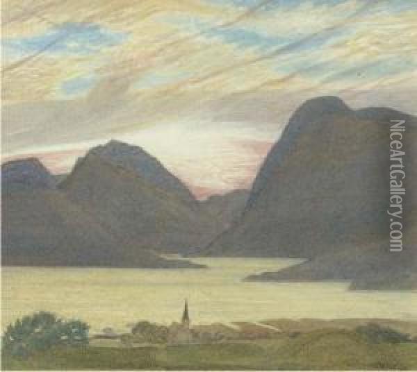 A Norwegian Fjord Oil Painting - Henry A. (Harry) Payne