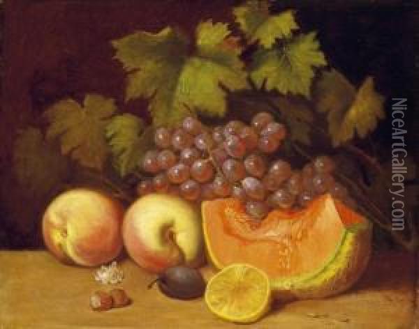 Still Life Of Fruit With Grapes And Melon Oil Painting - Ferenc Ujhazy
