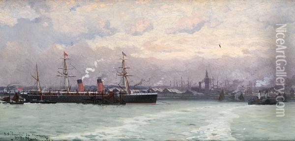 The Cunard Liner S.s. 
Servia 
 In The Mersey Oil Painting - Eduardo de Martino