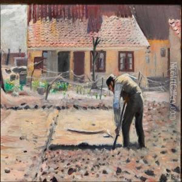 Senius Graver Sin Kartoffeljord Oil Painting - Michael Ancher