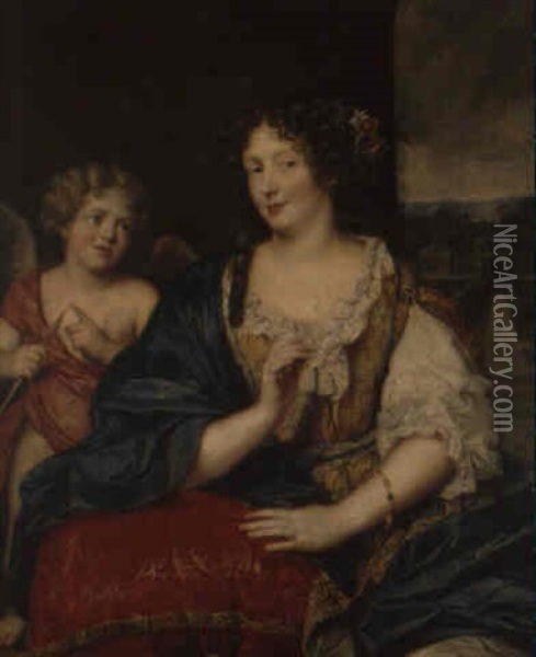 Portrait De Femme (mademoiselle De Fontanges?) Et Cupidon Oil Painting - Pierre Mignard the Elder