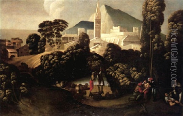 Landschaft Mit Schafhirten Und -herde Vor Einer Befestigten Stadt Oil Painting - Battista (de Luteri) Dossi