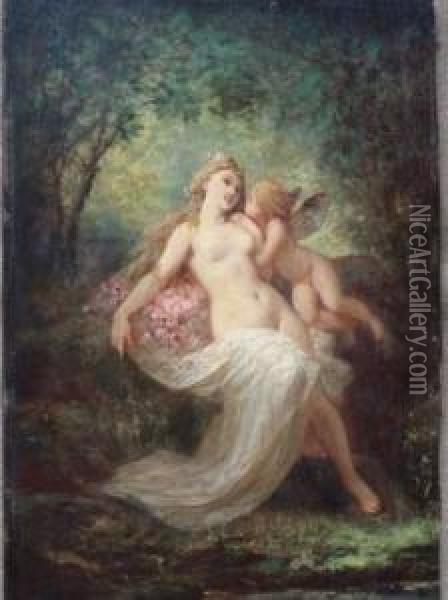 Jeune Femme Et Amour. Oil Painting - Henri Pierre Picou