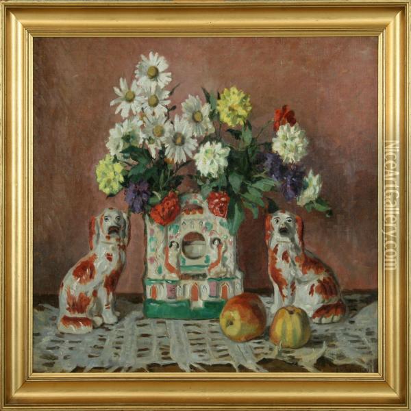 Still Life With Englishstaffordshire Faience Dogs, Flowers In A Vase And Apples Oil Painting - Einar Vilhelm Bogh