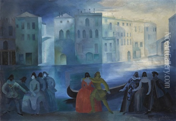 Masked Figures By The Banks Of A Venetian Canal Oil Painting - Alexandra Exter