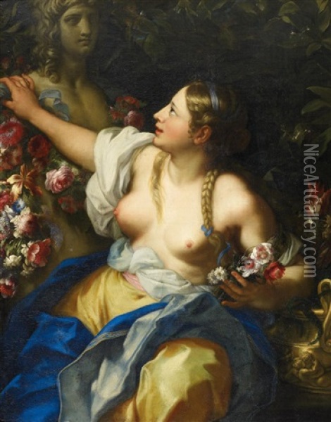 Flora. Faustina, Die Tochter Des Kunstlers, Als Flora Vor Blumenbekranzter Herme Oil Painting - Carlo Maratta