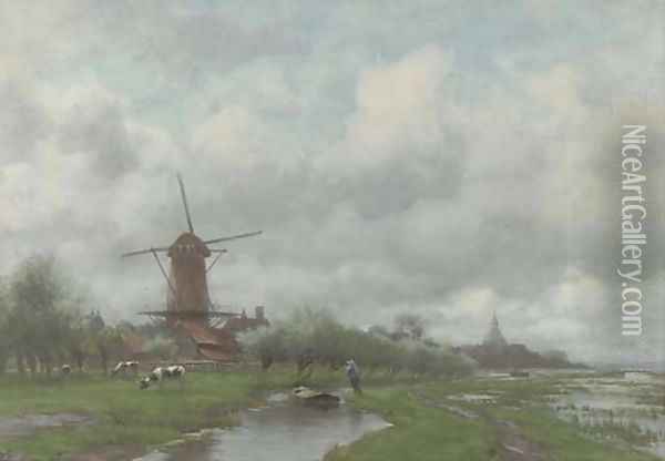 A polder landscape, a village in the distance Oil Painting - Willem Johannes Oppenoorth