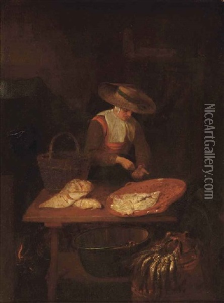 A Female Fishmonger At Her Stall Oil Painting - Quiringh Gerritsz van Brekelenkam