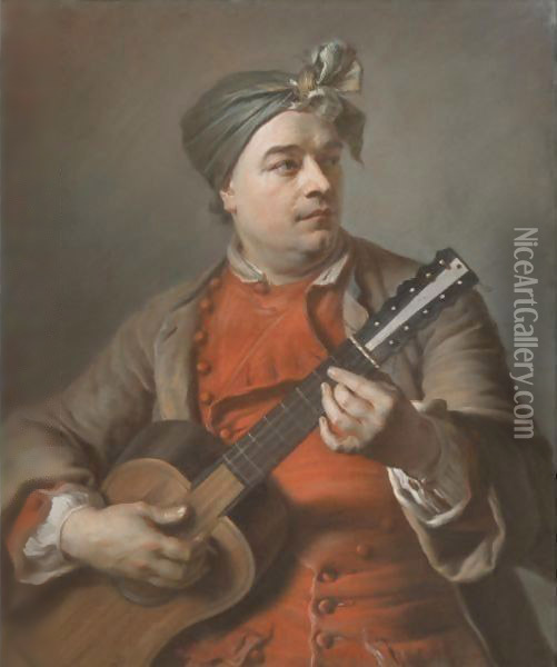 Portrait Of Jacques Dumont Le Romain Playing The Guitar Oil Painting - Maurice Quentin de La Tour