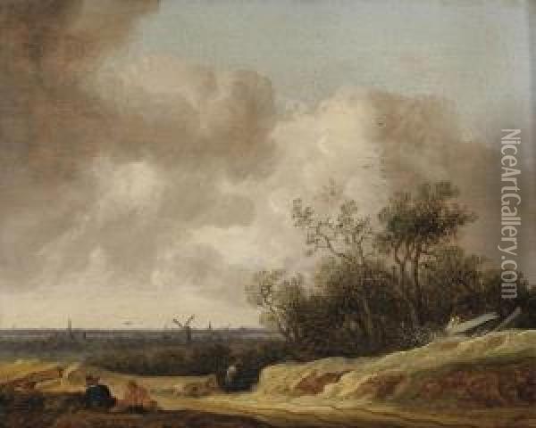 A Dune Landscape With Figures Resting Near A Track, A View Of Haarlem In The Distance Oil Painting - Anthony Jansz. Van Der Croos