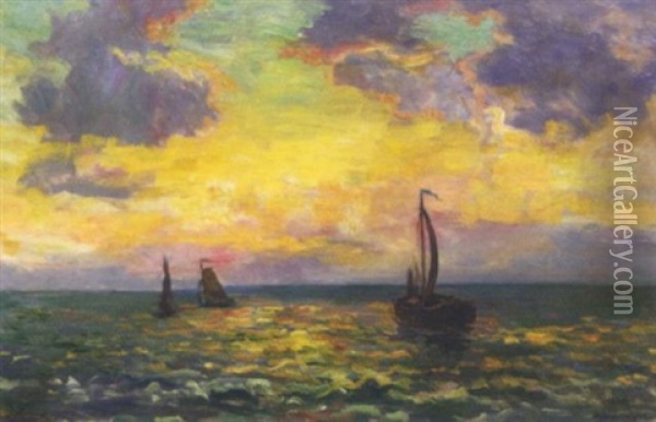 Avondstemming Noordzee: Sailing Vessels On The North Sea At Sunset Oil Painting - Charles Dankmeijer