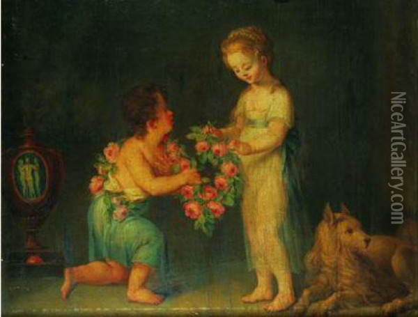 Deux Enfants Jouant Avec Une Guirlande De Fleurs Oil Painting - Jean Benard