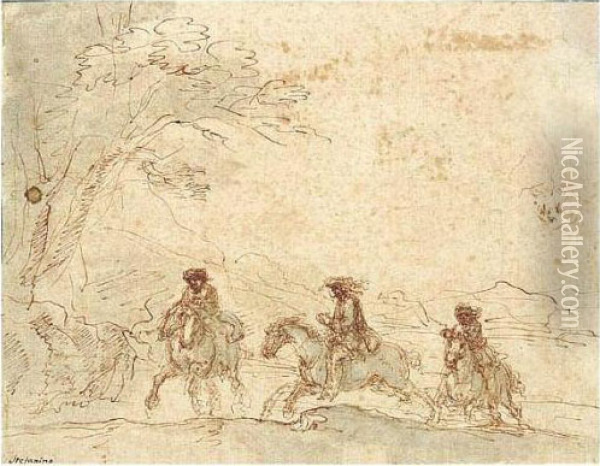 Landscape With Horsemen And A Study Of A Head. Oil Painting - Stefano della Bella