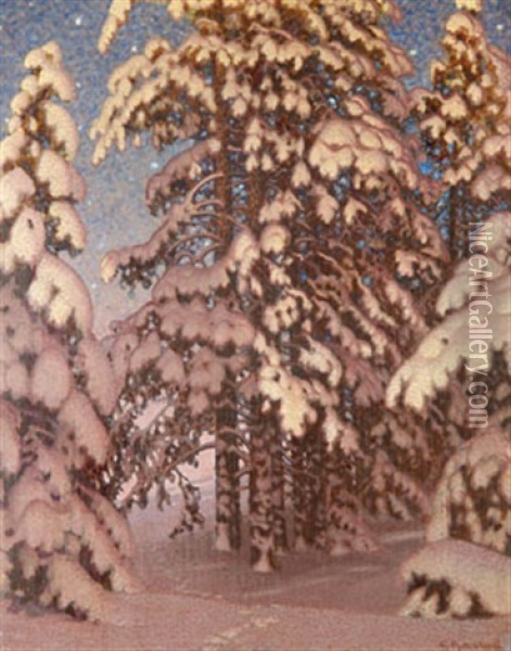 Vinternatt I Skogen Oil Painting - Gustaf Fjaestad